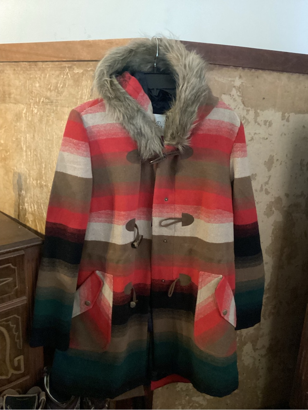 Thread & Supply Red Multi Stripe Toggle Trench Coat with Faux Fur Hood